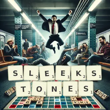 Creative illustration for a Scrabble game with the word SLEEKSTONES spelled out in tiles on the board.