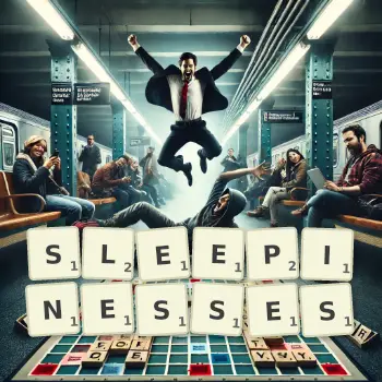 Creative illustration for a Scrabble game with the word SLEEPINESSES spelled out in tiles on the board.