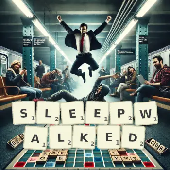 Creative illustration for a Scrabble game with the word SLEEPWALKED spelled out in tiles on the board.
