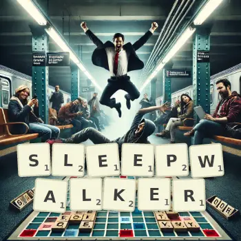 Creative illustration for a Scrabble game with the word SLEEPWALKER spelled out in tiles on the board.
