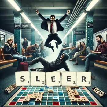 Creative illustration for a Scrabble game with the word SLEER spelled out in tiles on the board.