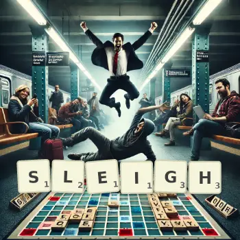 Creative illustration for a Scrabble game with the word SLEIGH spelled out in tiles on the board.
