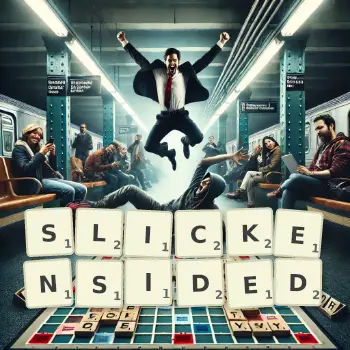 Creative illustration for a Scrabble game with the word SLICKENSIDED spelled out in tiles on the board.