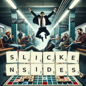 Creative illustration for a Scrabble game with the word SLICKENSIDES spelled out in tiles on the board.