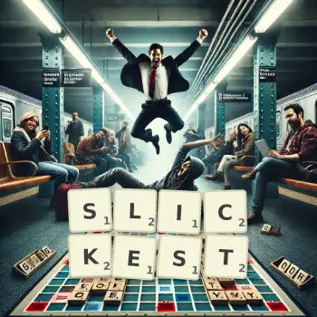 Creative illustration for a Scrabble game with the word SLICKEST spelled out in tiles on the board.