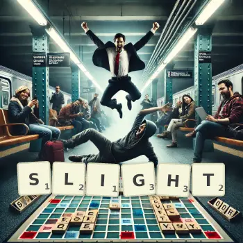 Creative illustration for a Scrabble game with the word SLIGHT spelled out in tiles on the board.