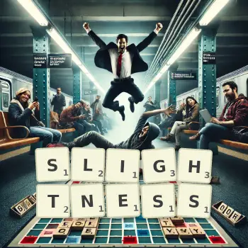 Creative illustration for a Scrabble game with the word SLIGHTNESS spelled out in tiles on the board.