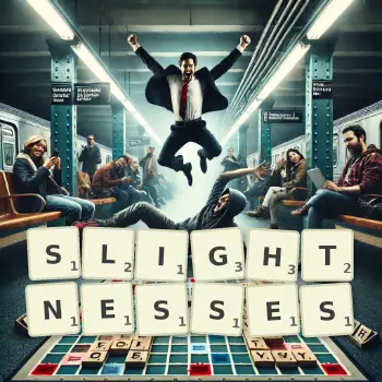 Creative illustration for a Scrabble game with the word SLIGHTNESSES spelled out in tiles on the board.