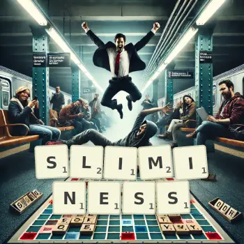 Creative illustration for a Scrabble game with the word SLIMINESS spelled out in tiles on the board.