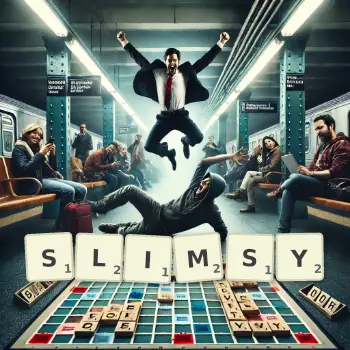 Creative illustration for a Scrabble game with the word SLIMSY spelled out in tiles on the board.