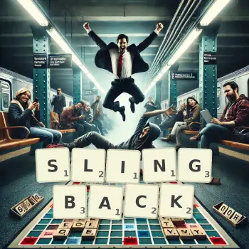 Creative illustration for a Scrabble game with the word SLINGBACK spelled out in tiles on the board.