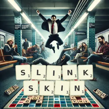 Creative illustration for a Scrabble game with the word SLINKSKIN spelled out in tiles on the board.