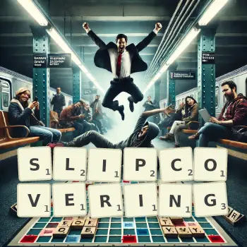 Creative illustration for a Scrabble game with the word SLIPCOVERING spelled out in tiles on the board.