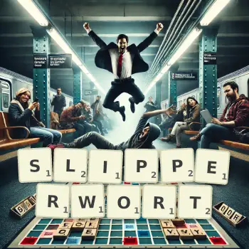 Creative illustration for a Scrabble game with the word SLIPPERWORT spelled out in tiles on the board.