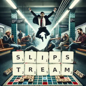 Creative illustration for a Scrabble game with the word SLIPSTREAM spelled out in tiles on the board.