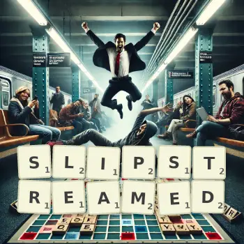 Creative illustration for a Scrabble game with the word SLIPSTREAMED spelled out in tiles on the board.