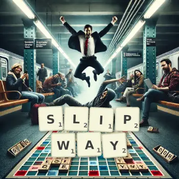 Creative illustration for a Scrabble game with the word SLIPWAY spelled out in tiles on the board.