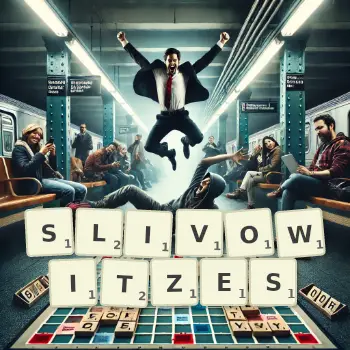 Creative illustration for a Scrabble game with the word SLIVOWITZES spelled out in tiles on the board.