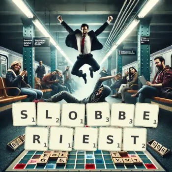 Creative illustration for a Scrabble game with the word SLOBBERIEST spelled out in tiles on the board.