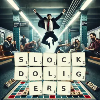 Creative illustration for a Scrabble game with the word SLOCKDOLIGERS spelled out in tiles on the board.