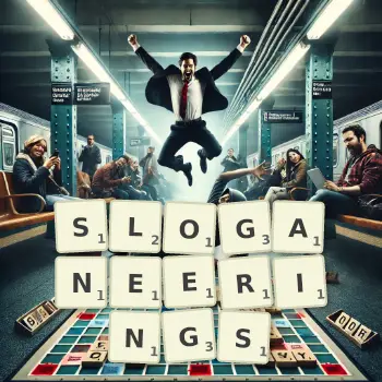 Creative illustration for a Scrabble game with the word SLOGANEERINGS spelled out in tiles on the board.