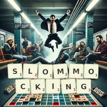 Creative illustration for a Scrabble game with the word SLOMMOCKING spelled out in tiles on the board.