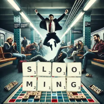 Creative illustration for a Scrabble game with the word SLOOMING spelled out in tiles on the board.
