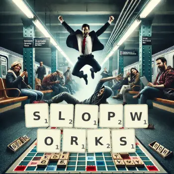 Creative illustration for a Scrabble game with the word SLOPWORKS spelled out in tiles on the board.