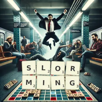 Creative illustration for a Scrabble game with the word SLORMING spelled out in tiles on the board.