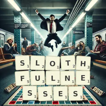 Creative illustration for a Scrabble game with the word SLOTHFULNESSES spelled out in tiles on the board.