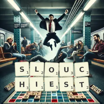 Creative illustration for a Scrabble game with the word SLOUCHIEST spelled out in tiles on the board.