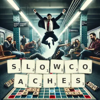 Creative illustration for a Scrabble game with the word SLOWCOACHES spelled out in tiles on the board.