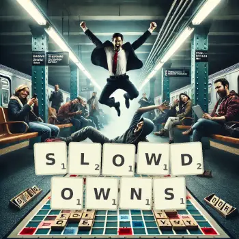 Creative illustration for a Scrabble game with the word SLOWDOWNS spelled out in tiles on the board.