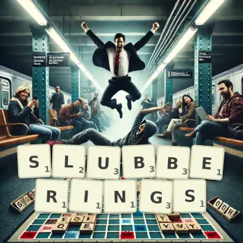 Creative illustration for a Scrabble game with the word SLUBBERINGS spelled out in tiles on the board.