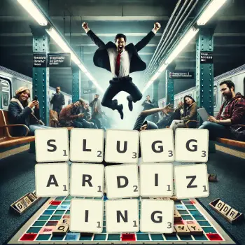 Creative illustration for a Scrabble game with the word SLUGGARDIZING spelled out in tiles on the board.
