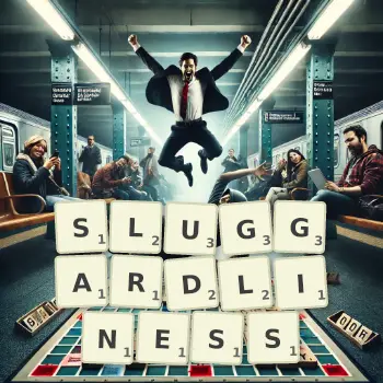 Creative illustration for a Scrabble game with the word SLUGGARDLINESS spelled out in tiles on the board.