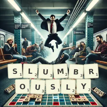 Creative illustration for a Scrabble game with the word SLUMBROUSLY spelled out in tiles on the board.