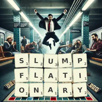 Creative illustration for a Scrabble game with the word SLUMPFLATIONARY spelled out in tiles on the board.