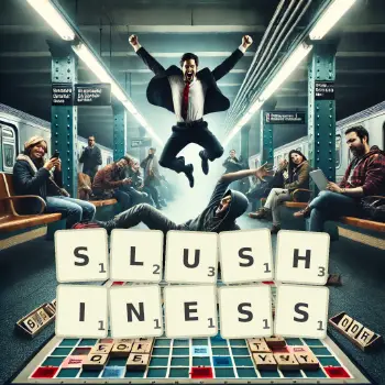 Creative illustration for a Scrabble game with the word SLUSHINESS spelled out in tiles on the board.