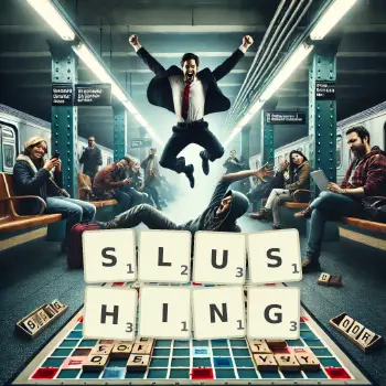 Creative illustration for a Scrabble game with the word SLUSHING spelled out in tiles on the board.