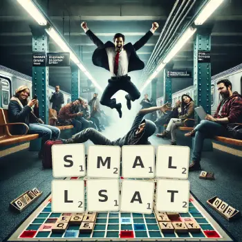 Creative illustration for a Scrabble game with the word SMALLSAT spelled out in tiles on the board.