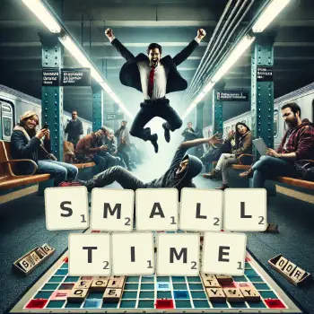 Creative illustration for a Scrabble game with the word SMALLTIME spelled out in tiles on the board.