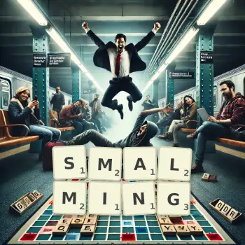 Creative illustration for a Scrabble game with the word SMALMING spelled out in tiles on the board.