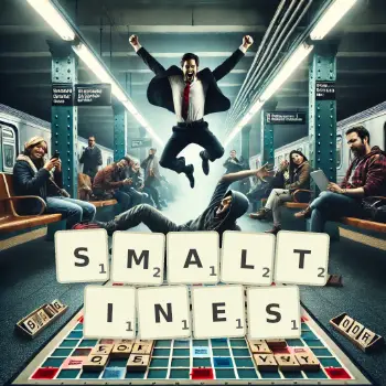 Creative illustration for a Scrabble game with the word SMALTINES spelled out in tiles on the board.