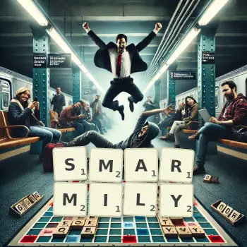 Creative illustration for a Scrabble game with the word SMARMILY spelled out in tiles on the board.