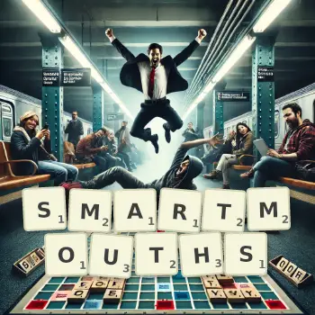 Creative illustration for a Scrabble game with the word SMARTMOUTHS spelled out in tiles on the board.