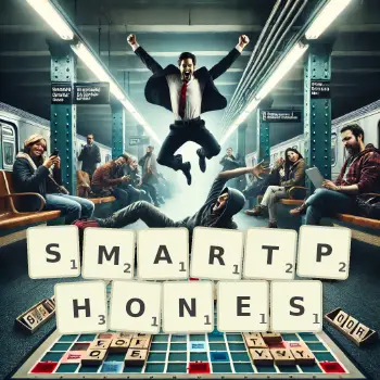 Creative illustration for a Scrabble game with the word SMARTPHONES spelled out in tiles on the board.