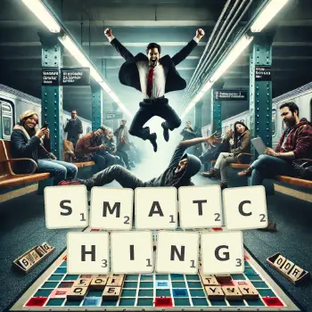 Creative illustration for a Scrabble game with the word SMATCHING spelled out in tiles on the board.