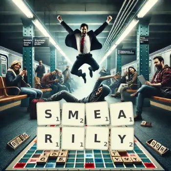 Creative illustration for a Scrabble game with the word SMEARILY spelled out in tiles on the board.