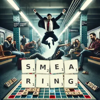 Creative illustration for a Scrabble game with the word SMEARING spelled out in tiles on the board.